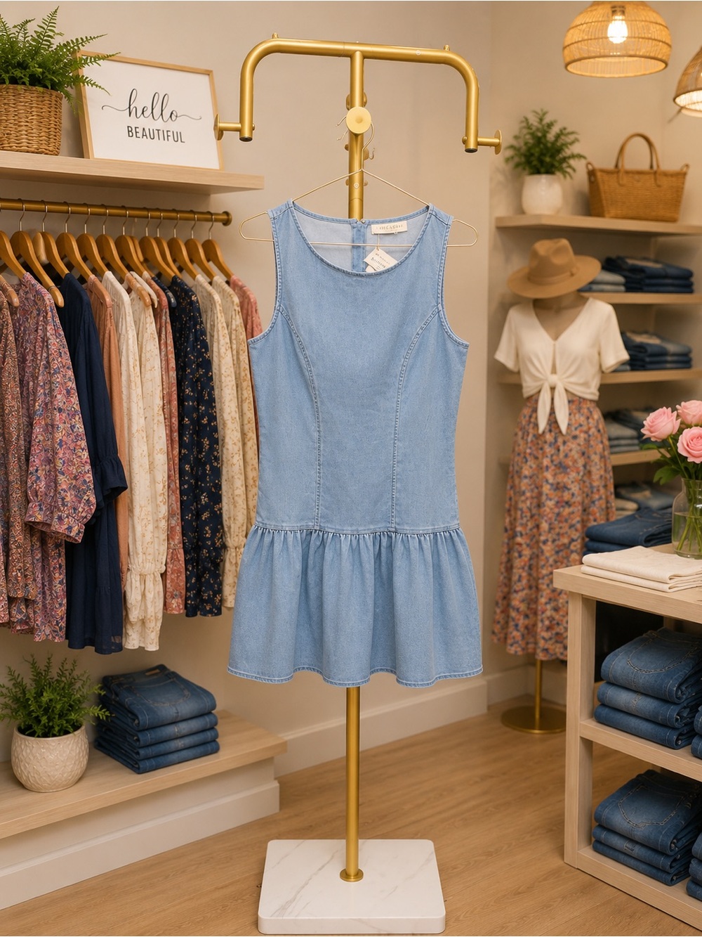 Light Blue Denim Ruffle-Hem Mini Dress